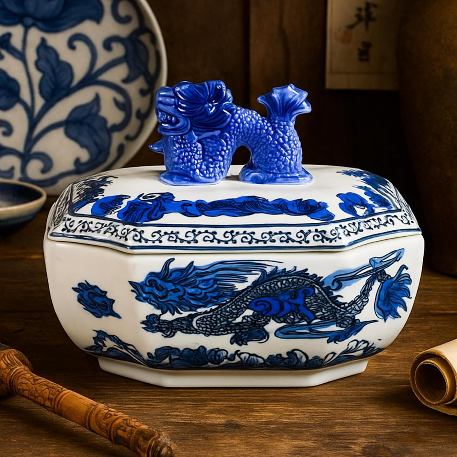 Potchen Blue and White Ceramic Porcelain Jar with Dragon Button Lid Rectangle Canister Container for Candy Sugar Tea Cookie Classic Handcrafted Chinoiserie Bowl Pottery Gift Decoration