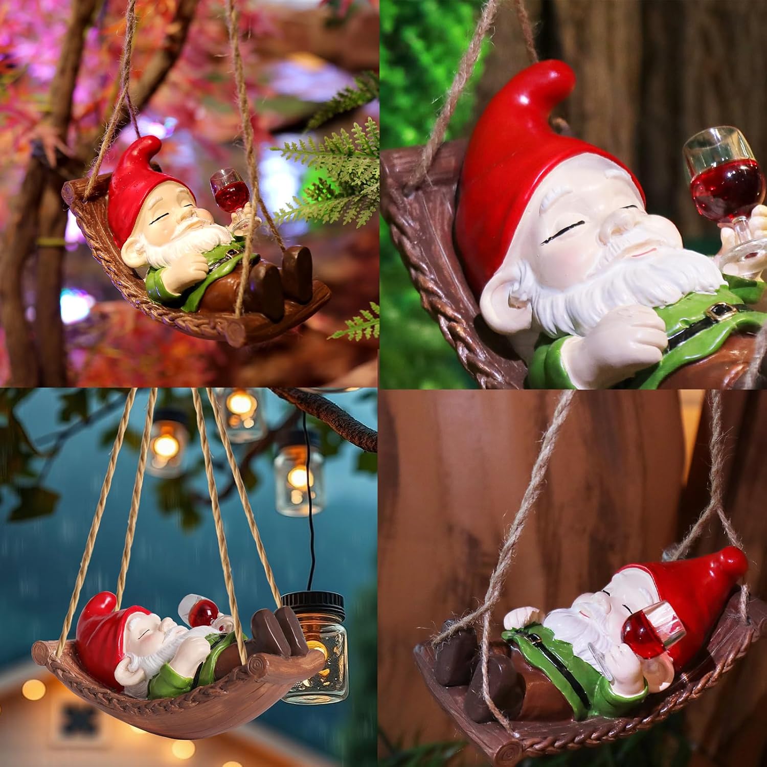 Gnome Garden Statues Decor for Outdoor, Resin Swing Gnome Statue with Red Wine in Hand, Hanging Garden Figurine Ornament for Home Yard Patio Decoration, Birthday Valentine's Day