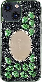 جراب خلفي سيليكون مقاوم للصدمات مرصع بفصوص الماس مع مراية مصمم بخاصية حماية الكاميرا متوافق موبايل ايفون 13 مقاس 6.1 بوصة للنساء والبنات الجميلات لون أخضر