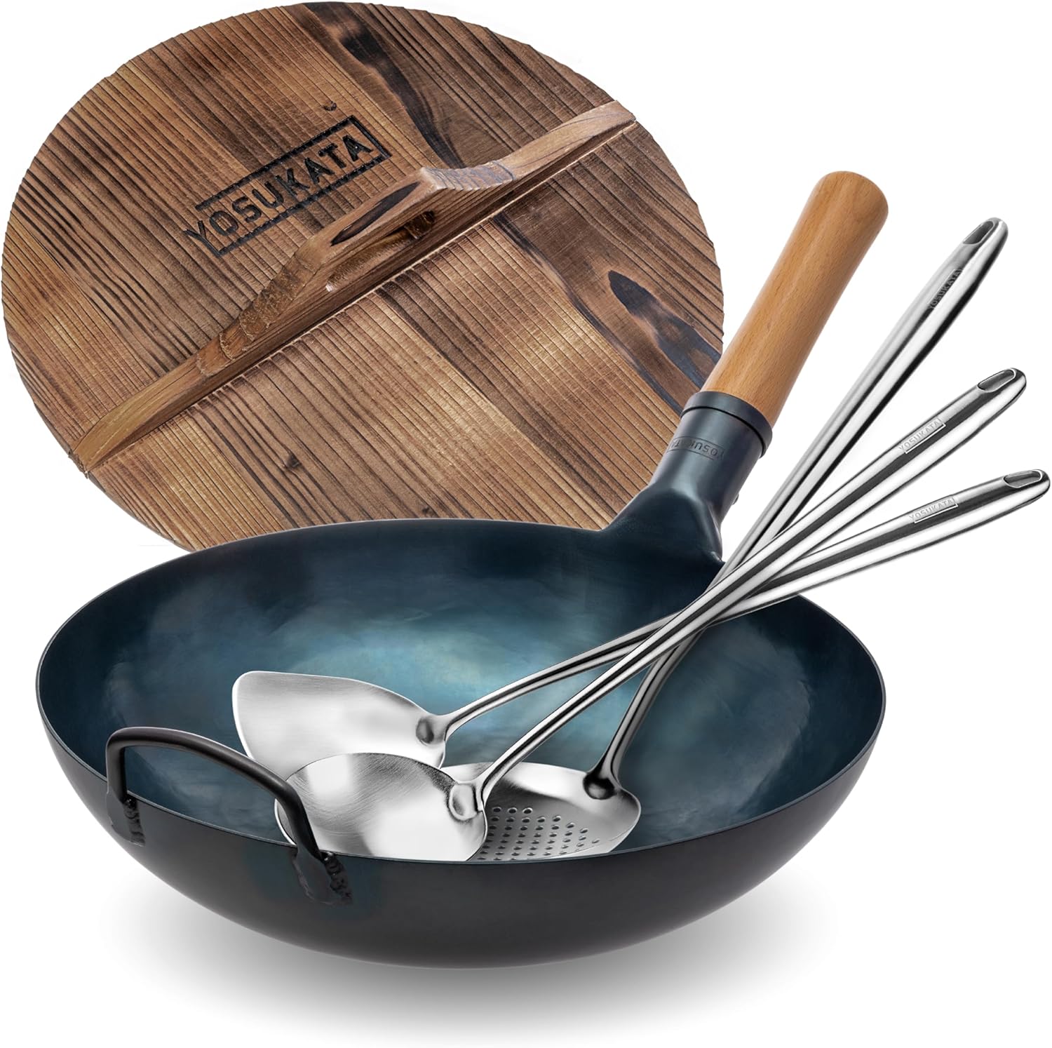 YOSUKATA 13.5” Blue Carbon Steel Wok Pan + Premium Wok Cover 13.5 inch Pan Lid + 17" Spatula and Ladle Skimmer Spoon