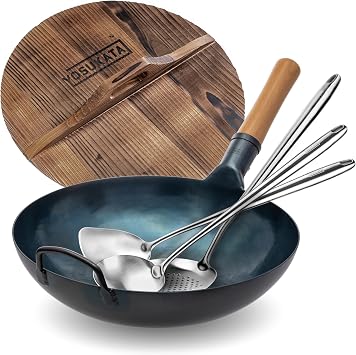 YOSUKATA 13.5 Blue Carbon Steel Wok Pan + Premium Wok Cover 13.5 inch Pan Lid + 17" Spatula and Ladle Skimmer Spoon