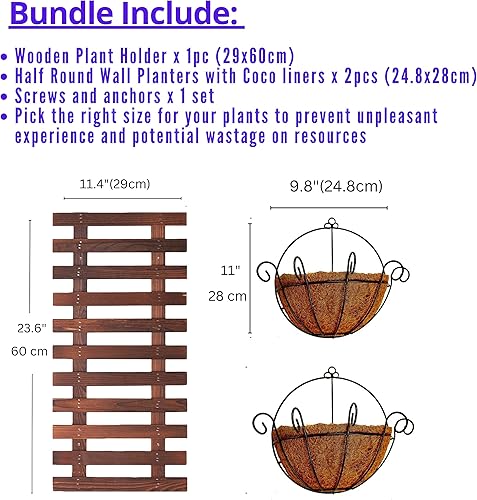 Miniatura 2 de ShopLaLa Paquete  Soporte de madera para plantas + 2 cestas colgantes con forro de coco montado en la pared, cestas de flores verticales para
