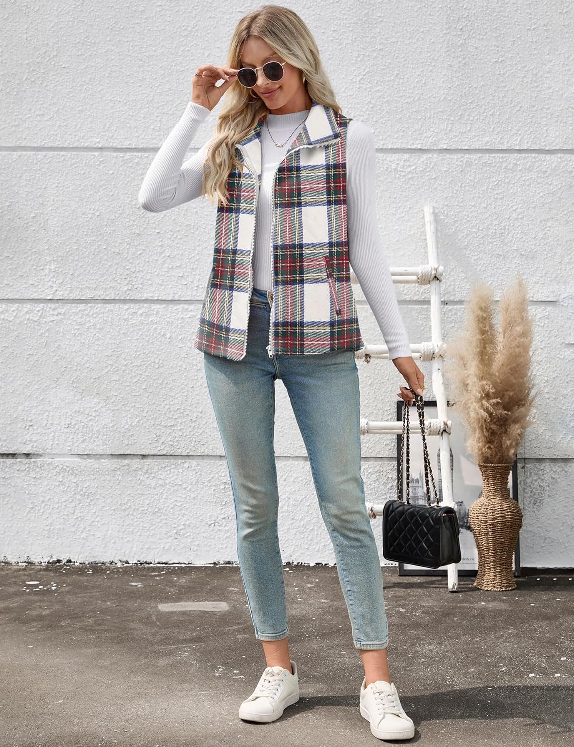Rapbin Women's Plaid Outerwear Vests Tops Zip Up Collared Sleeveless Jacket with Pockects - Image 7