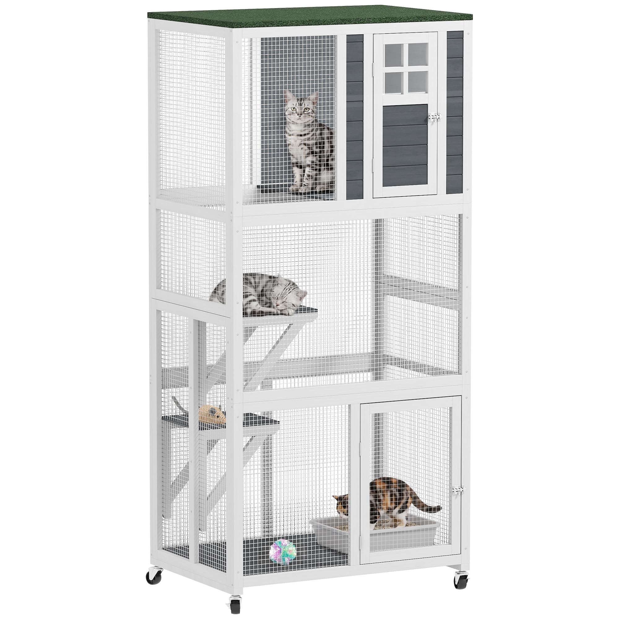 PawHut White Wooden Cat House - 77 x 50 x 73cm - Asphalt Roof - Two Platforms