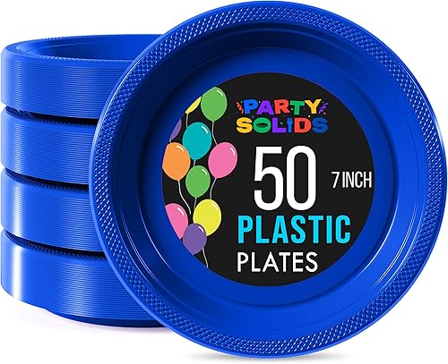 Exquisite Party Solids - Platos de plástico azul oscuro para suministros de fiesta, platos desechables de 7 pulgadas, color azul oscuro, 50 piezas,