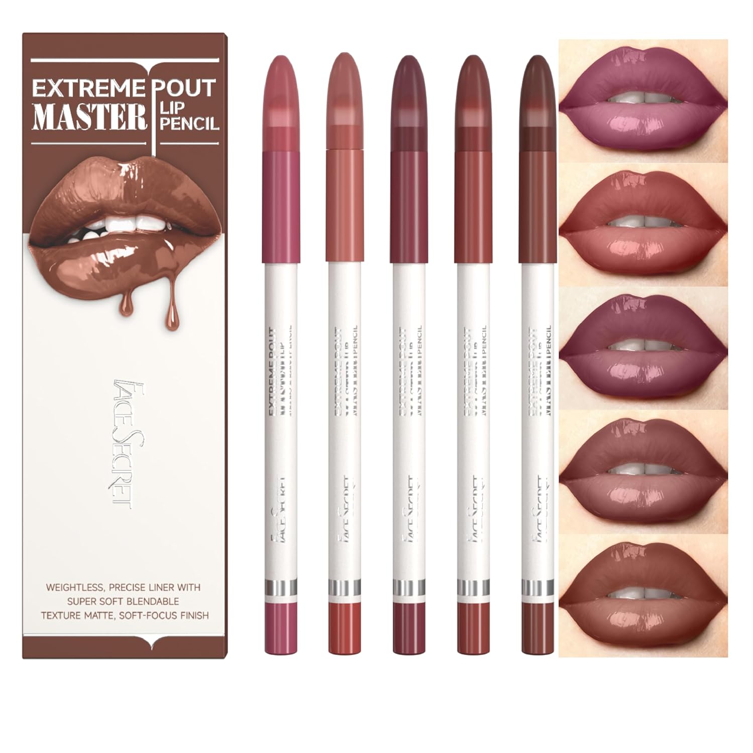 5PCS Matte Lip Liner Pencil Set with Built-In Brush, Warm Brick Red & Cocoa Brown Shades Lip Combo Sets, Creamy Precision, Waterproof Smudge-Proof, Long-Wear Matte Lip Makeup (BRICK COCOA)
