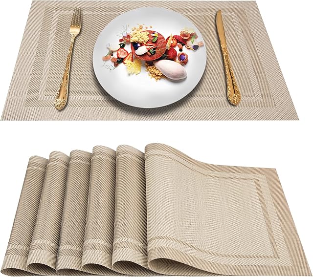 ARTAND Placemats Set of 6, Beige Woven Vinyl Placemats, Washable & Durable Table Mats, Indoor/Outdoor Use Place Mats
