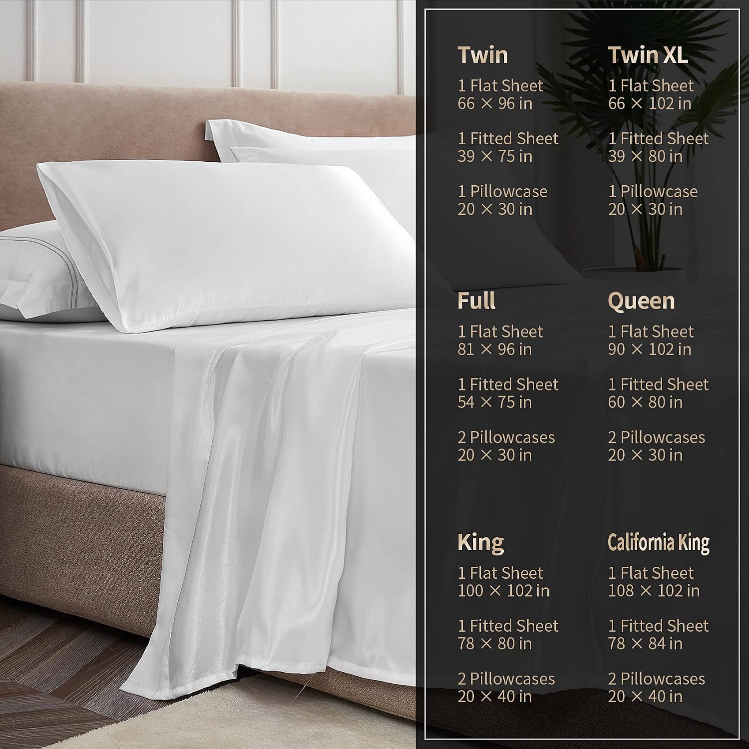 YUHX Full Satin Sheets,4 Pieces Silkly Soft Satin Bed Sheets White Sheet Set, 1 Deep Pocket Fitted Sheet + 1 Flat Sheet + 2 Pillowcases(Full, White)
