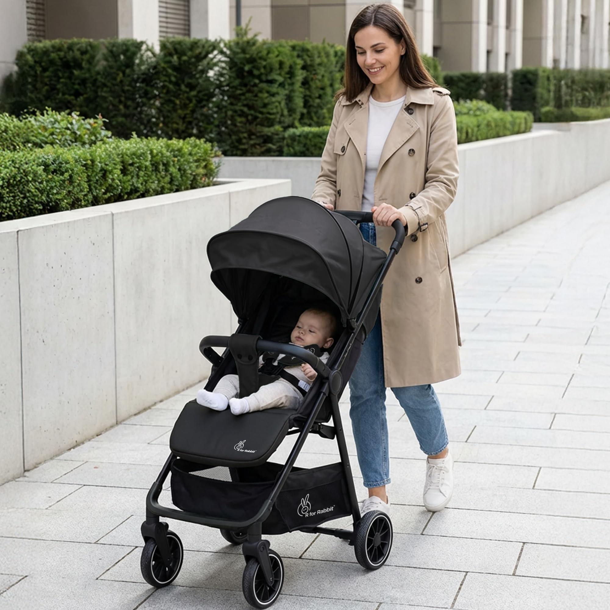 R for Rabbit Poppins Neo Baby Stroller/Pram for 0-3 Years Newborn Kid | Foldable Design with 5-Point Safety Harness, Cushioned Seat, Smooth Suspension & Linked Brakes, 360° Swivel Wheel (Pure Black)-image-33