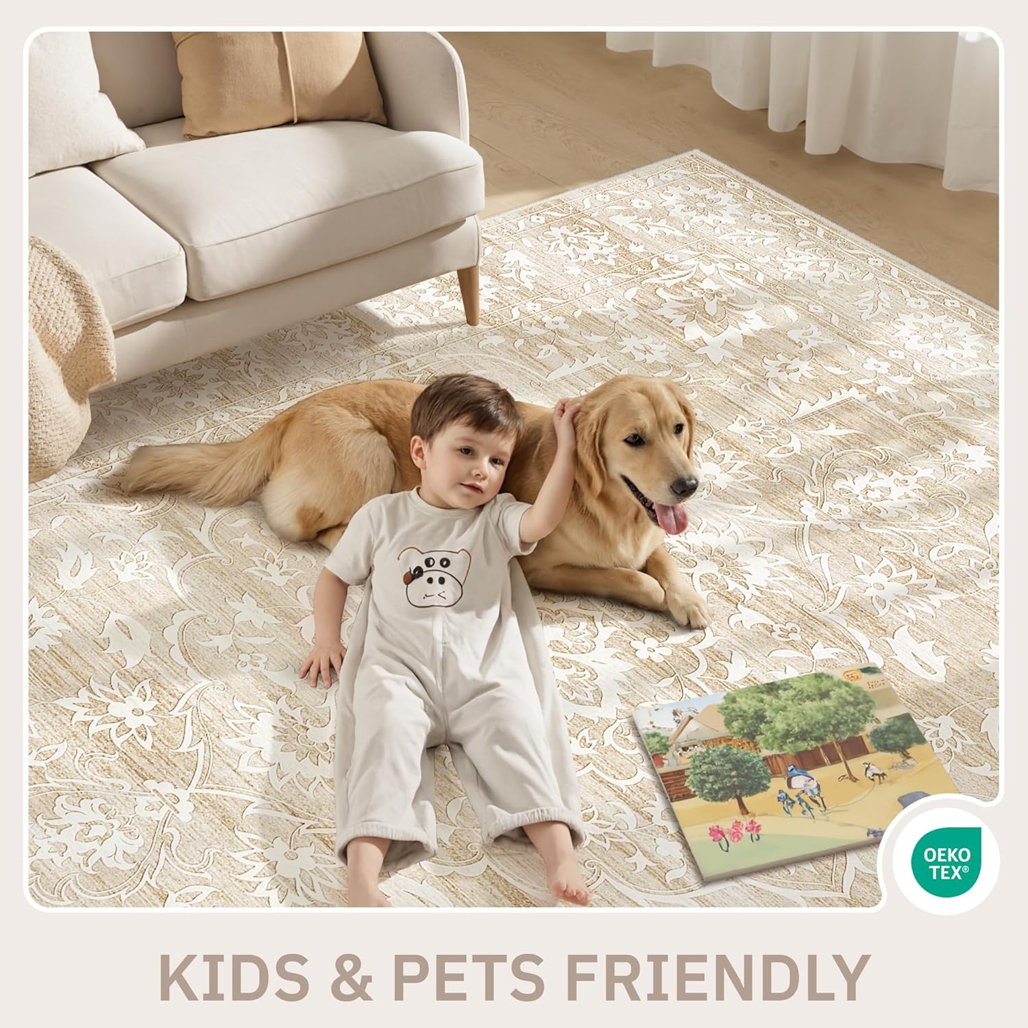 9x12 Washable Area Rugs for Living Room, Vintage Floral Non-Slip Low Pile Natural Rug Soft Throw Large Carpet for Dining Room Bedroom Farmhouse Home Office (Beige, 9'x12') - Image 8