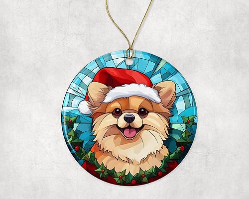 Miniatura 3 de Pomerania - Adorno de cerámica con vitrales de Navidad, adorno colgante para árbol de Navidad, adorno de vitral de perro, adorno religioso para