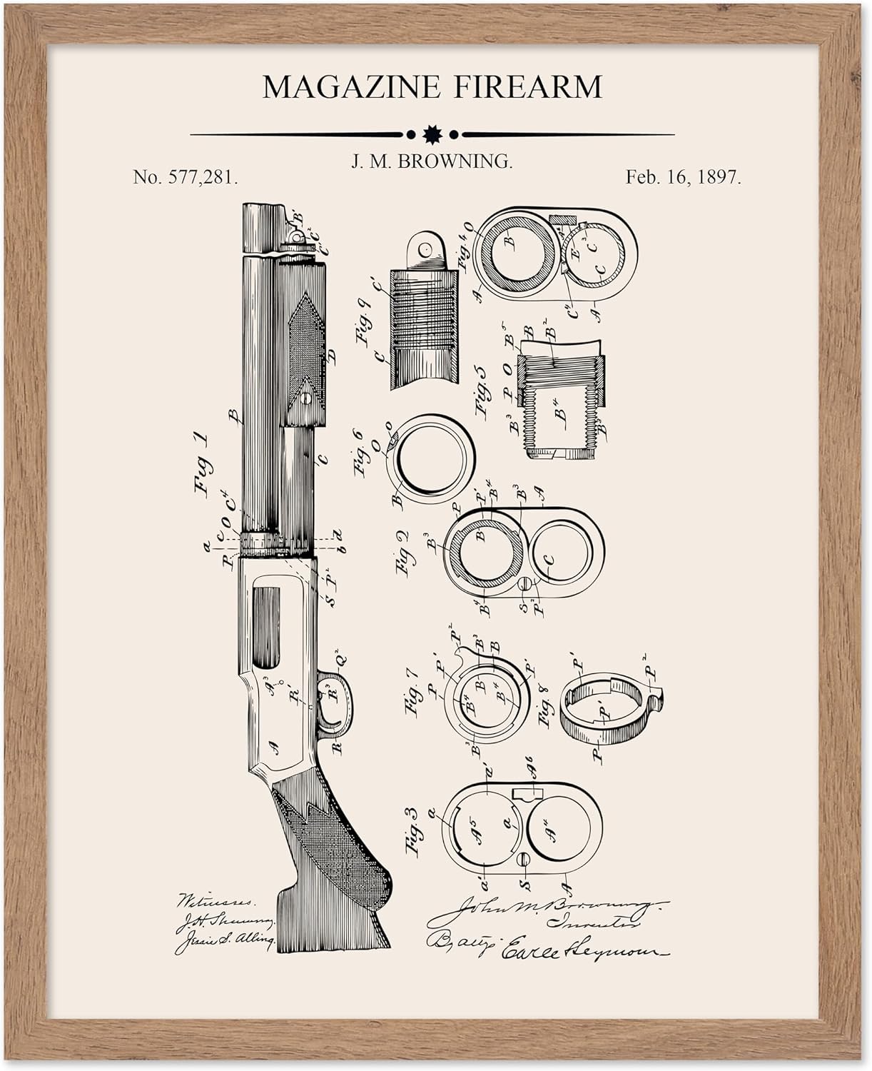 Poster Master Firearm Blueprint Poster - Recoil Loading Small Arms Patent Print - Military Art - Explosives Design - Weapon Design - Technical Drawing - Great Office Wall Decor - 8x10 UNFRAMED