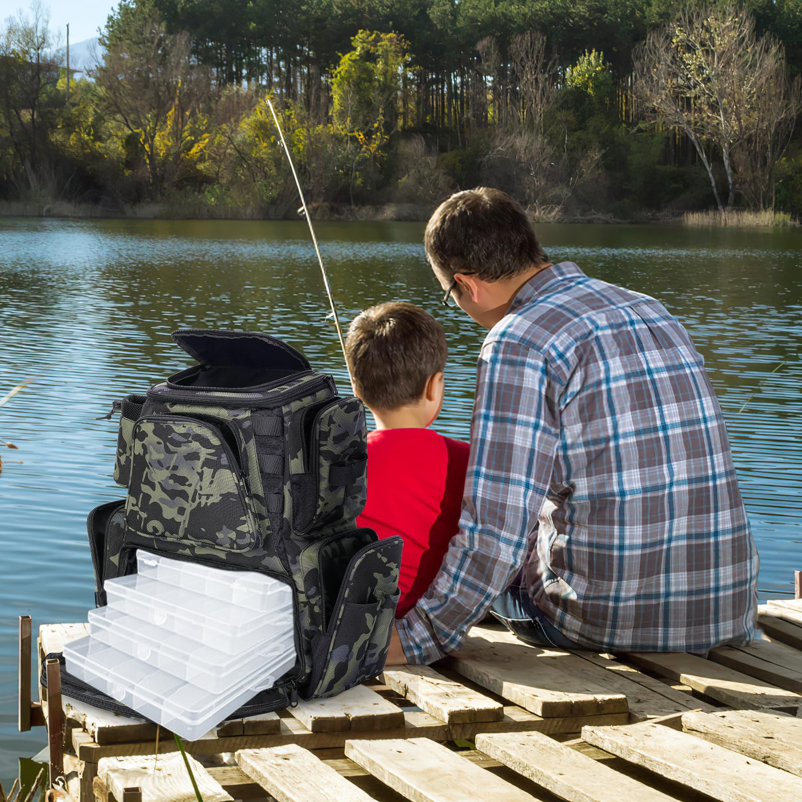 38L Mochila de Senderismo con Soporte para Caña y Almacenar Bandeja de Pesca Bolsa de Aparejos Impermeable al Aire Libre