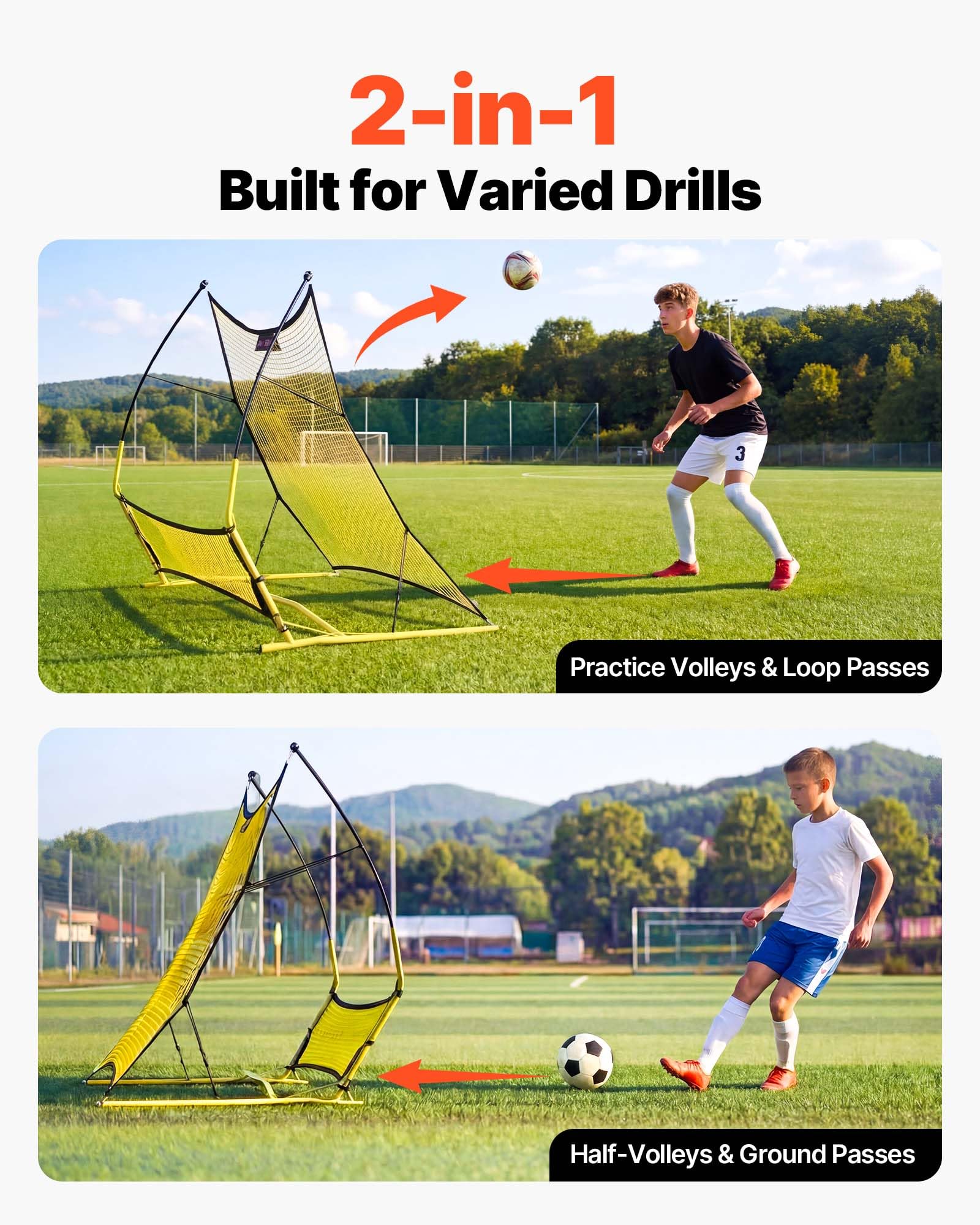 VEVOR Rete da Rimbalzo per Calcio Sports, Rete Rimbalzante 183 x 108,5 cm per Allenamento Controllo Passaggio Pallone, Pali in Fibra di Vetro Rinforzata Telaio in Ferro, Area Rimbalzo 1700x1500 mm