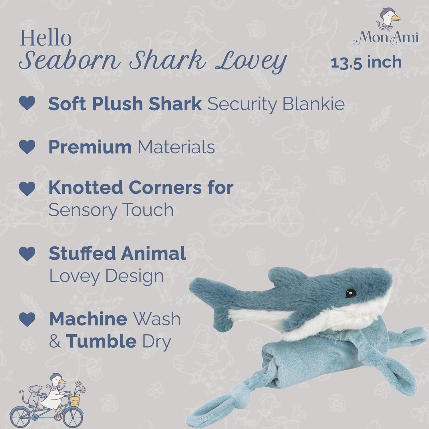 MON AMI Seaborn Shark Plush Lovey for Babies | 13.5-Inch Knotted Security Blanket | Soft Plush Comfort Toy | Perfect Newborn Essential for Birthdays & Baby Showers - Image 2