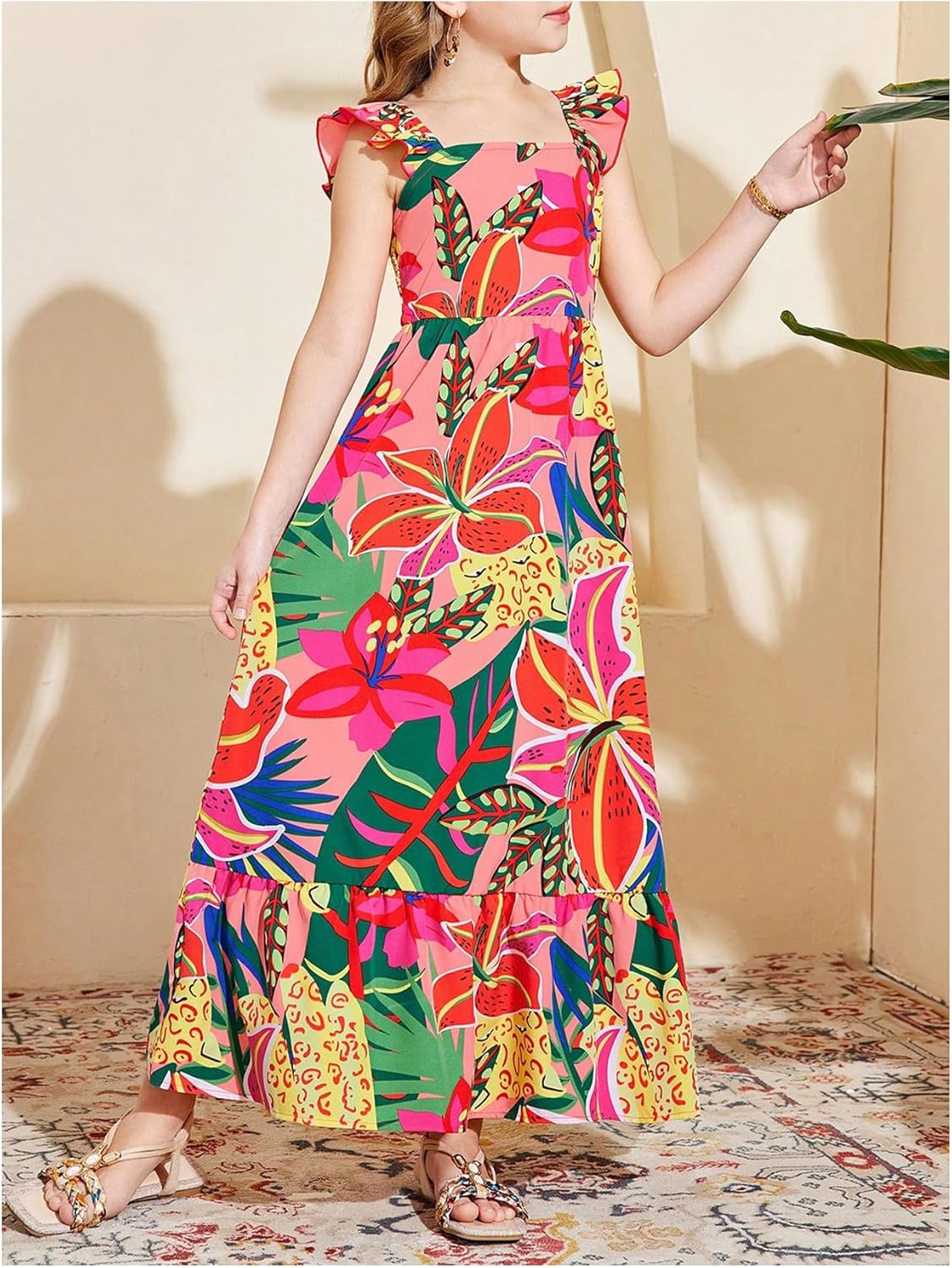 BEAUDRM Girl's Summer Maxi Dress Tropical Hawaiian Dress Floral Ruffle Flowy Dresses Vacation Beach Outfits