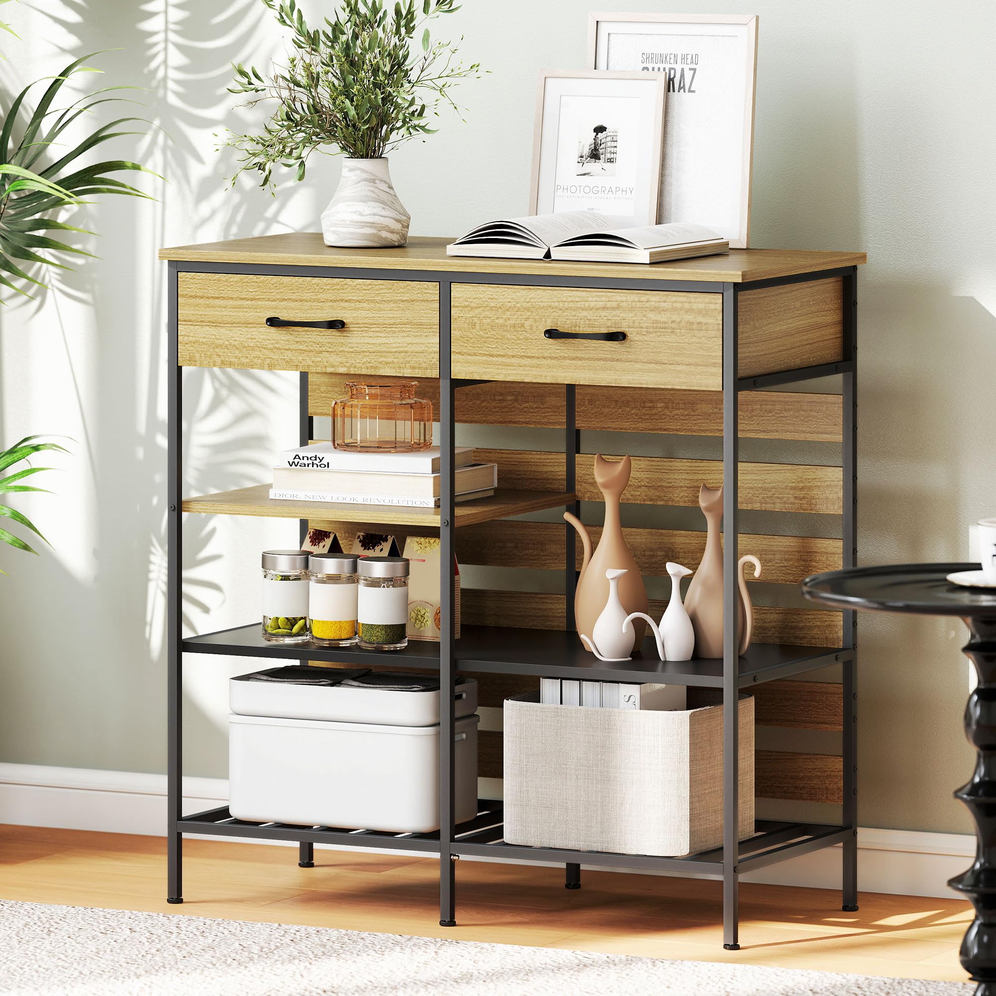 HOMCOM Buffet Cuisine, Meuble de Rangement avec 2 tiroirs et 3 étagères Ouvertes, Style Industriel, Cadre en Acier, pour Salle à Manger, Salon, Cuisine, 90 x 40 x 91 cm, Bois Naturel et Noir | Meuble de Rangement, 3 Étagères Ouvertes, Style Industriel, Ca
