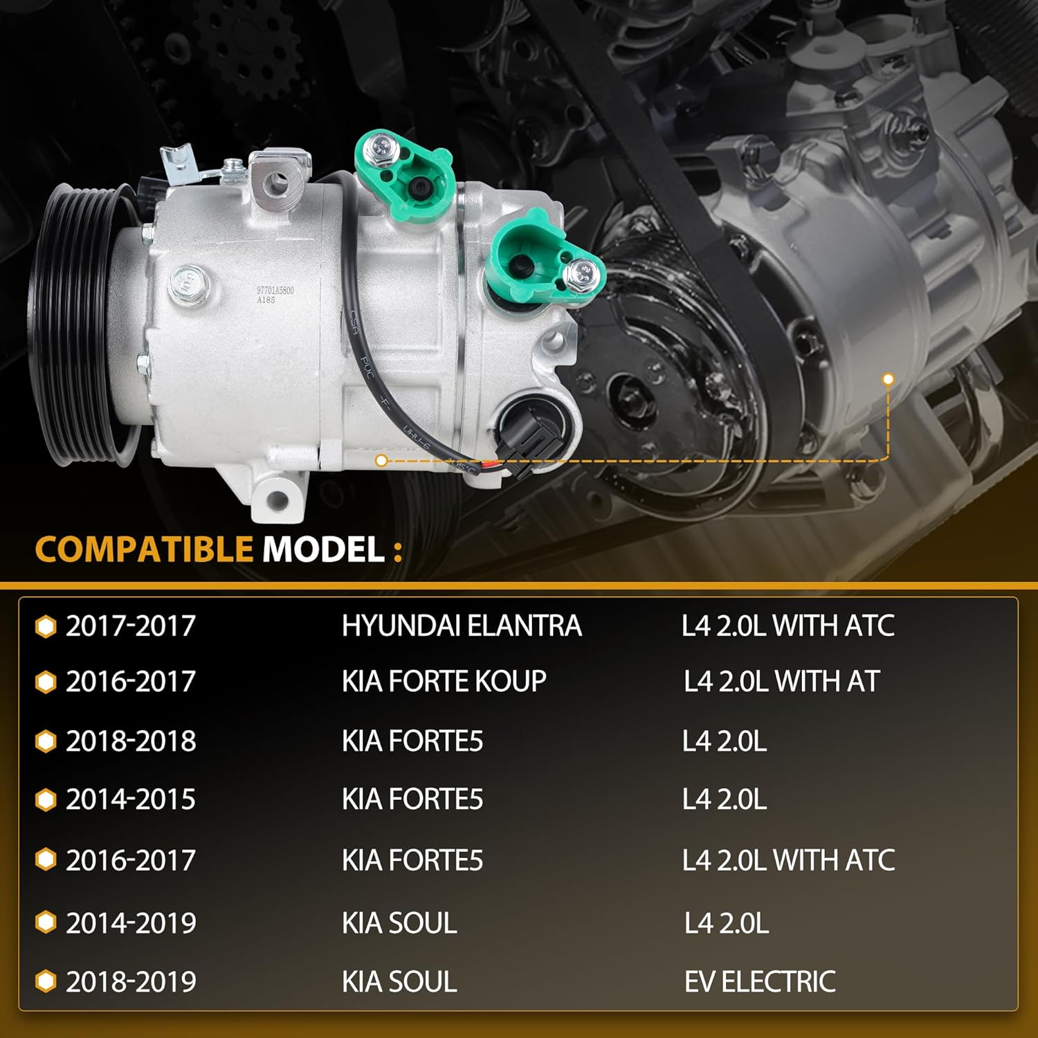97701A5800 Air Conditioner AC Compressor with Clutch Compatible with Hyundai Elantra, Elantra Coupe GT & Kia Forte5 Forte Koup Soul EV
