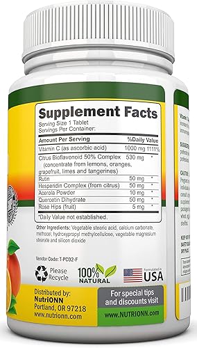 Miniatura 2 de Complejo de súper vitamina C – 1695 mg – 180 tabletas – Con 530 mg de bioflavonoides cítricos naturales, escaramujos, rutina, quercetina y