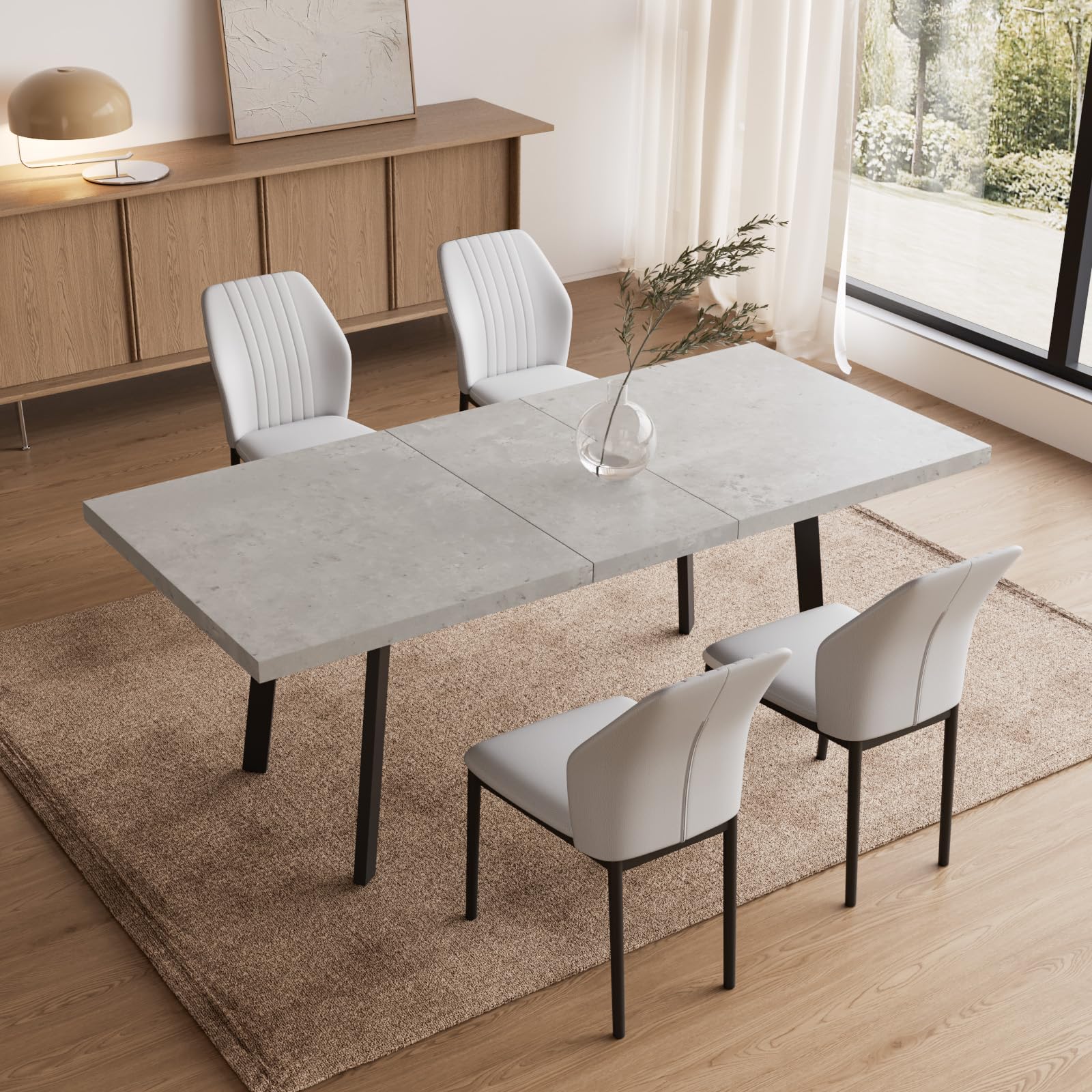 Zerifevni 47.2"- 62.9" Extendable Dining Table Set for 4, Modern Kitchen Table with 4 PU Leather Chairs, Thickened Expandable MDF Wooden Table with