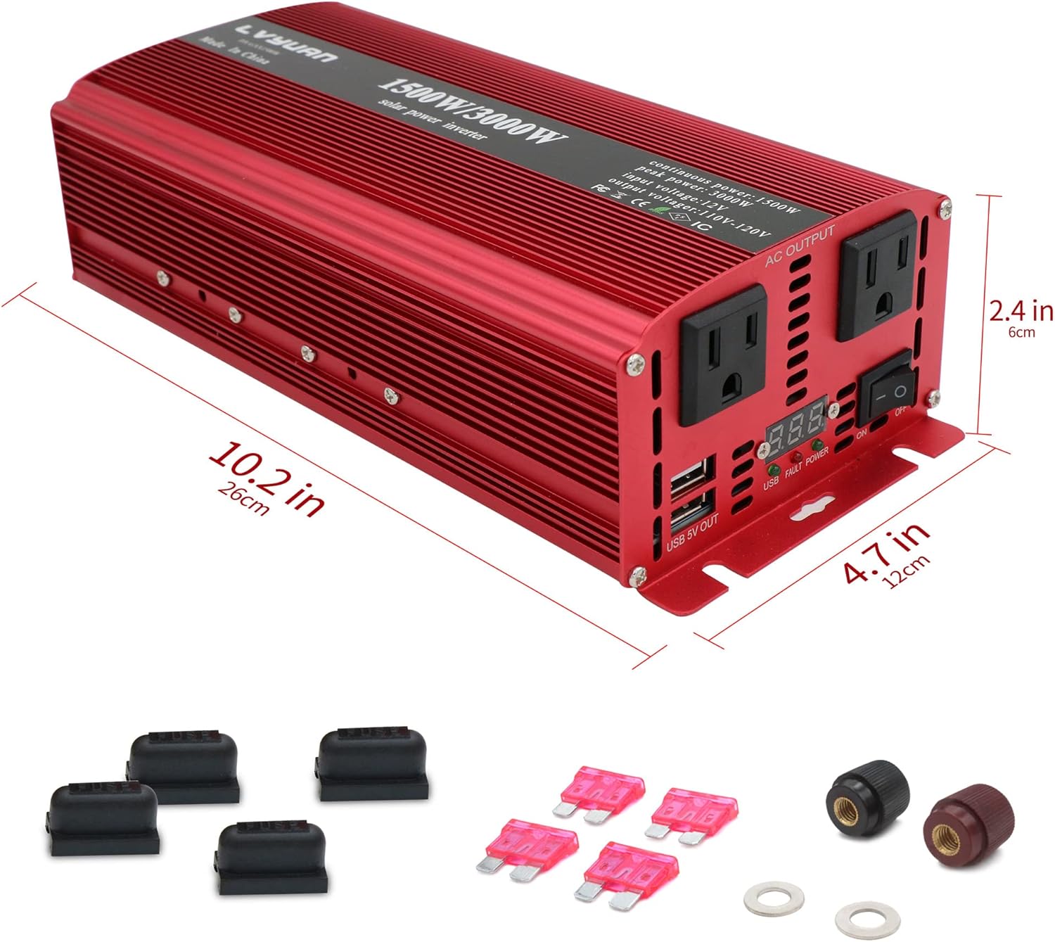 LVYUAN 1500W/3000W Power Inverter Dual AC Outlets and Dual USB Charging Ports DC 12V to 110V AC Car 12V Inverter Converter with Digital Display 4 External 40A Fuses for Blenders, vacuums, Power Tools : Automotive