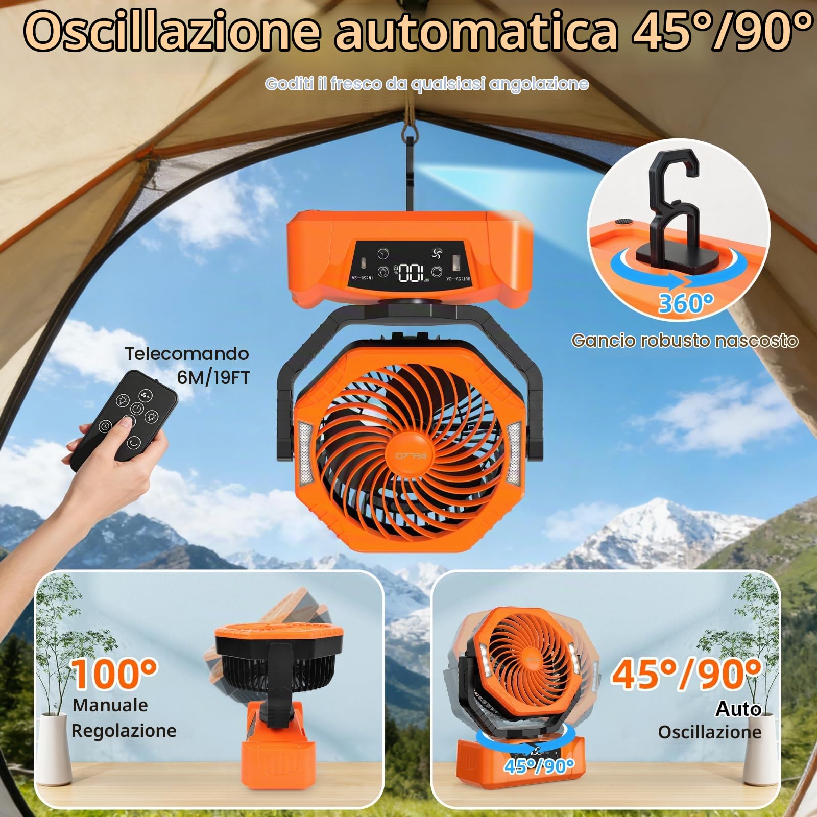 ELZO 20000mAh Ventilatore da campeggio con luce LED, Ricaricabile per Scrivania Tenda, USB Telecomando E gancio, 5 Velocità con Modalità sonno per Casa Ufficio Viaggi Pesca (Arancione)