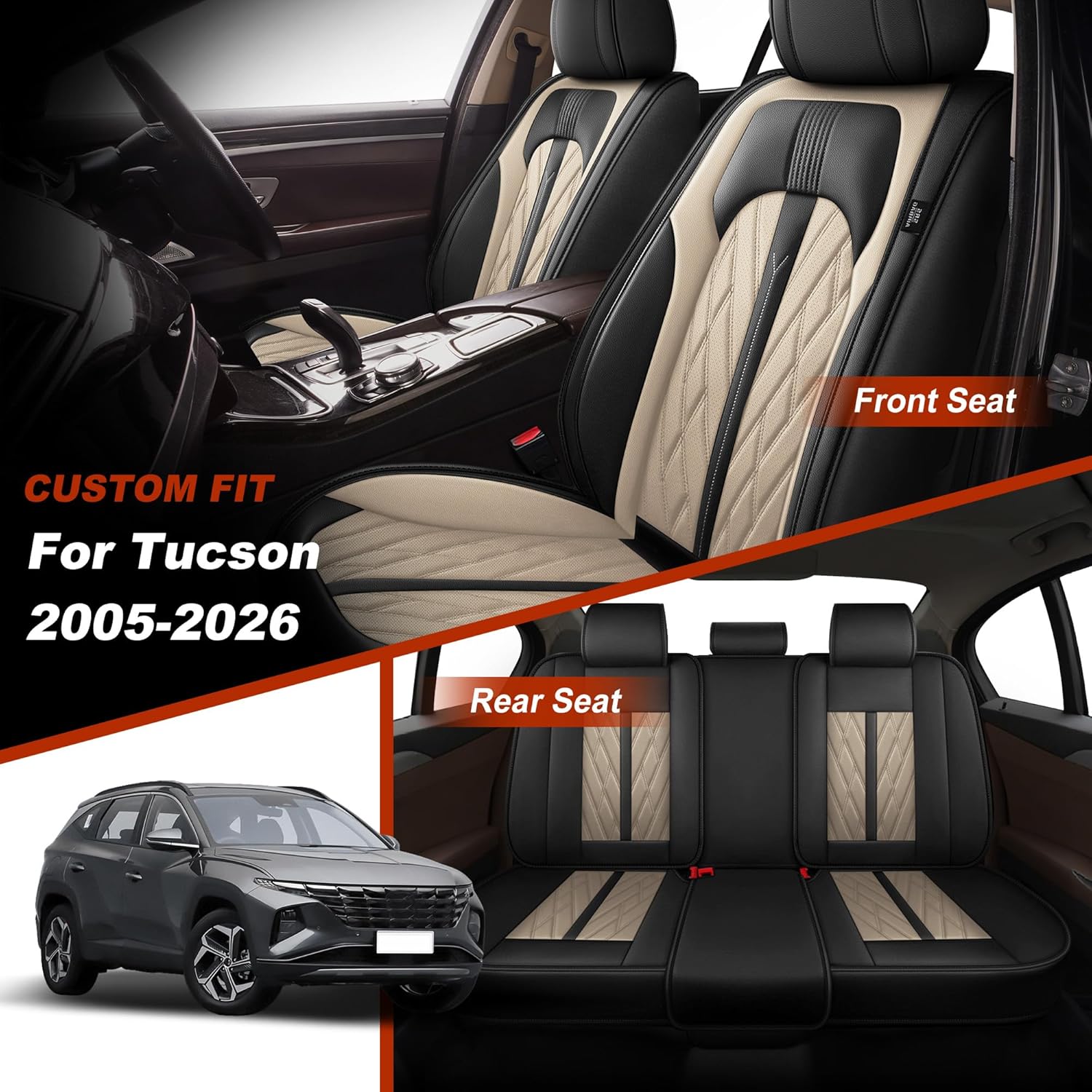 TTX LIGHTING Seat Covers Fit for Hyundai Tucson 2005-2026 Full Set Faux Leather Breathable Waterproof Car Seat Protector (5 Seats, Black&Beige) 5 Seats-Black&Beige Fit for Tucson 2005-2026