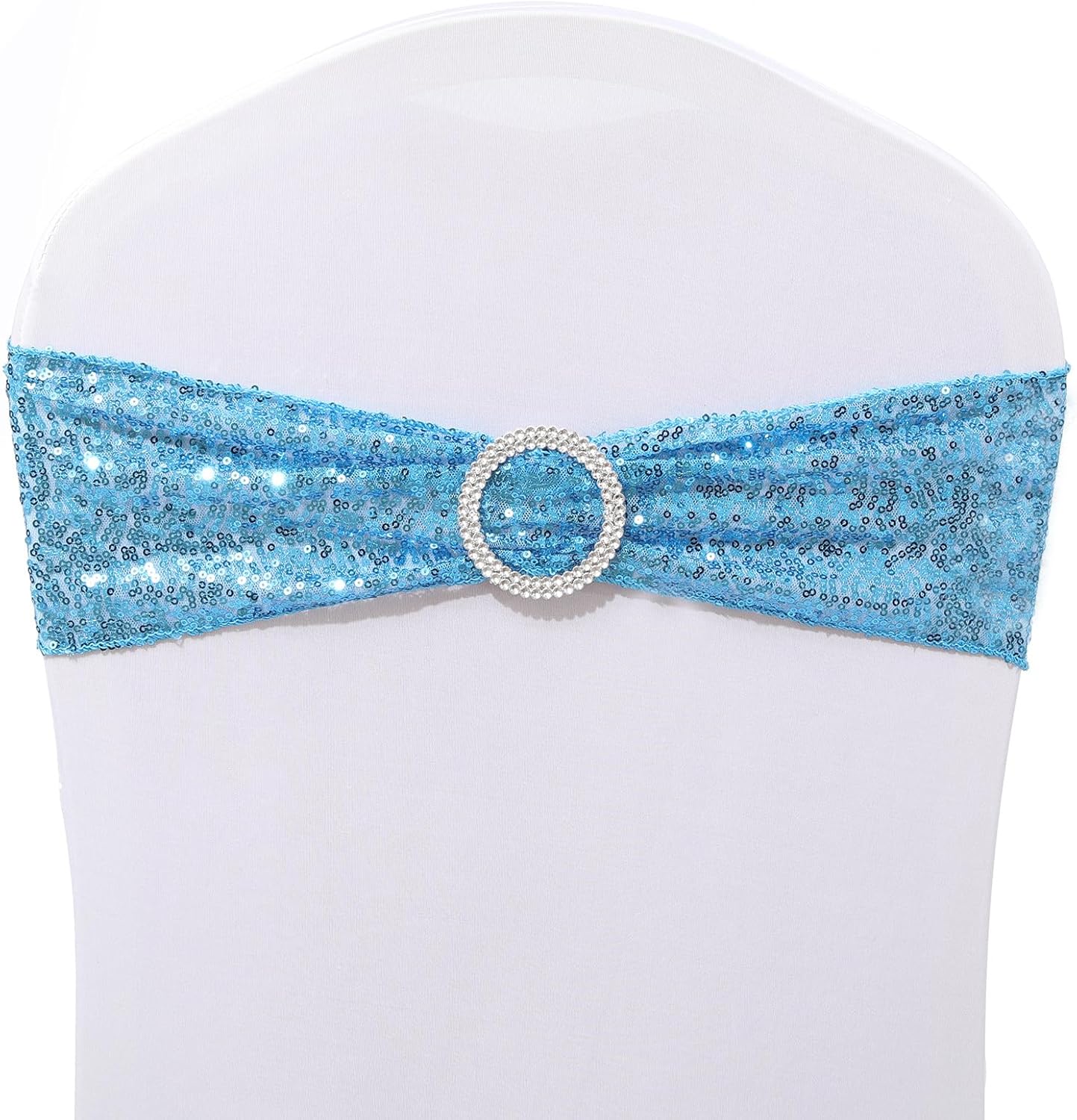 Qubjus Chair Sashes Sequin Stretch Bands Pack of 25 Decorative Universal Bows One-Sided Sequin Elastic Chair Ties for Romantic Wedding Party Ceremony, Lake Blue