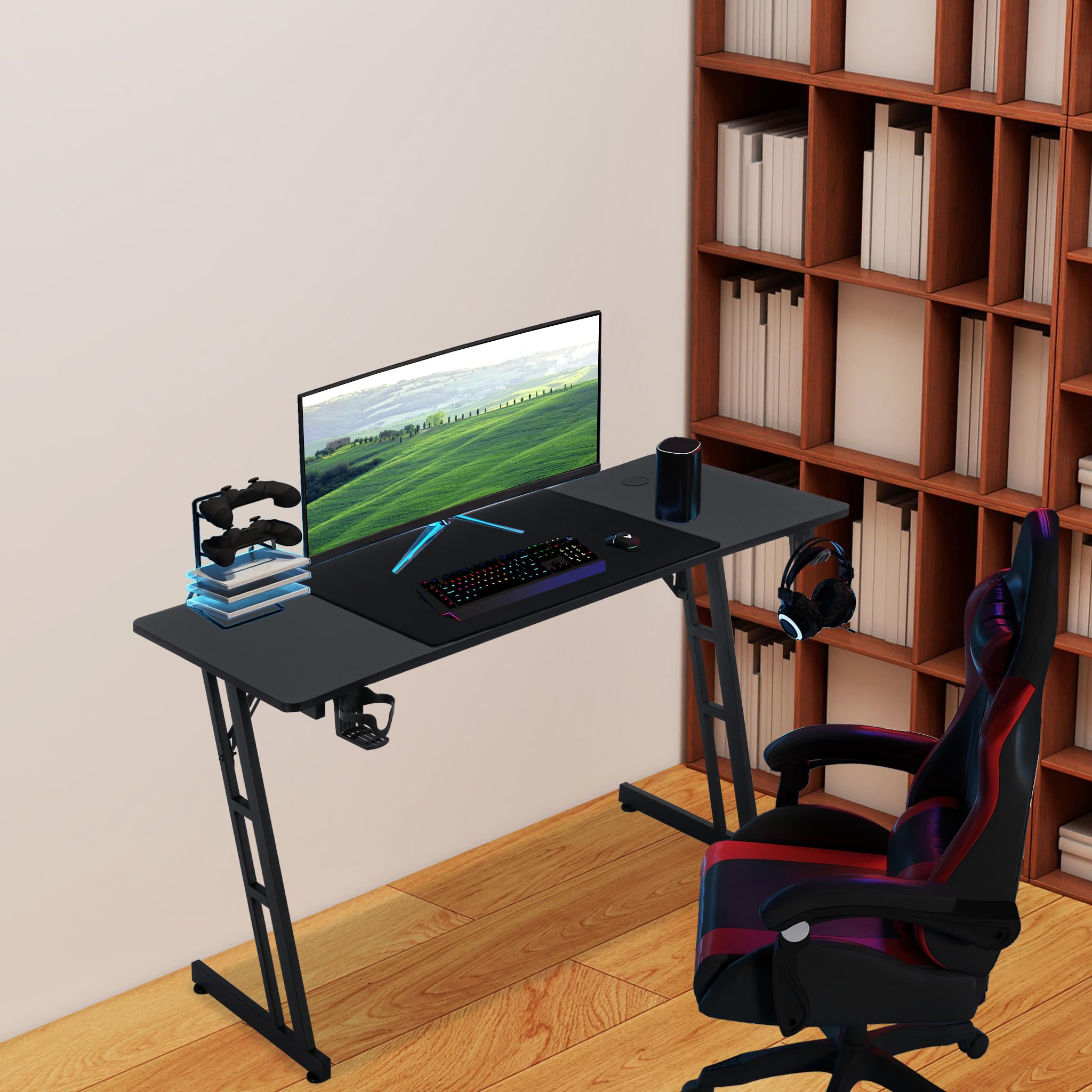 Gaming Tisch Schreibtisch 120x60cm Computertisch mit Kopfhörerhaken und Getränkehalter, Stabiles Z-Gestell Zocker Tisch zum Home Office(Typ A, Keine LED)
