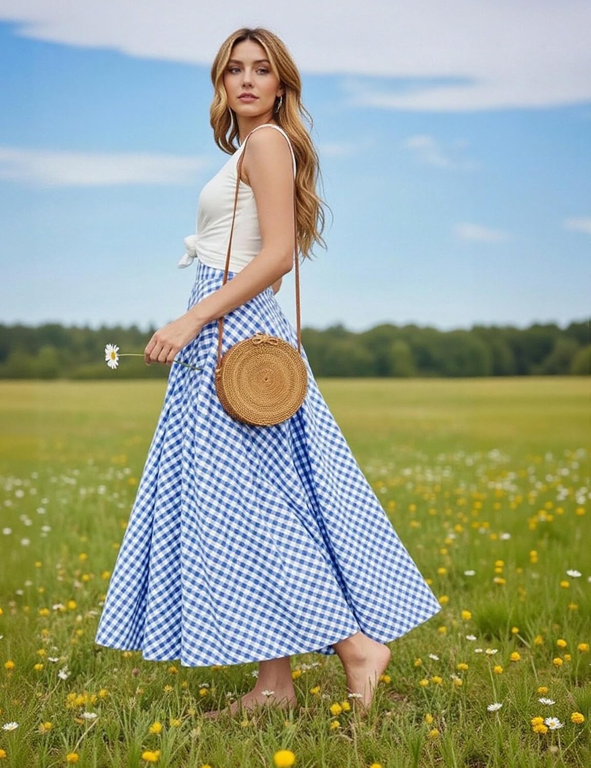 Mansy Women's Plaid Gingham Maxi Skirt High Waist A Line Pleated Flared Summer Casual Swing Long Skirt 2026