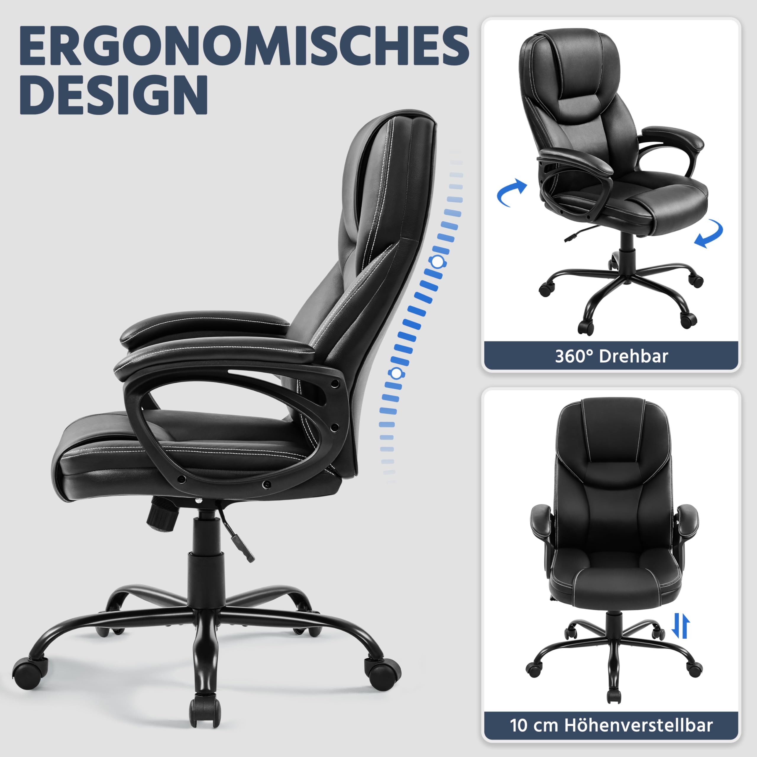 Yaheetech Bürostuhl Chefsessel Ergonomischer Drehstuhl Hoher Rücken Computerstuhl bequem Schreibtischstuhl Höhenverstellbar Office Stuhl Kunstleder Hochdichter Schaumstoff Wippfunktion Schwarz