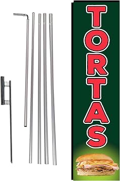 Tortas Mexican Food Rectangle Feather Banner Flag with 15 FT Pole Kit and Ground Spike for Restaurants, Markets, Business Owners - Perfect for Restaurants Outdoor Display Banner