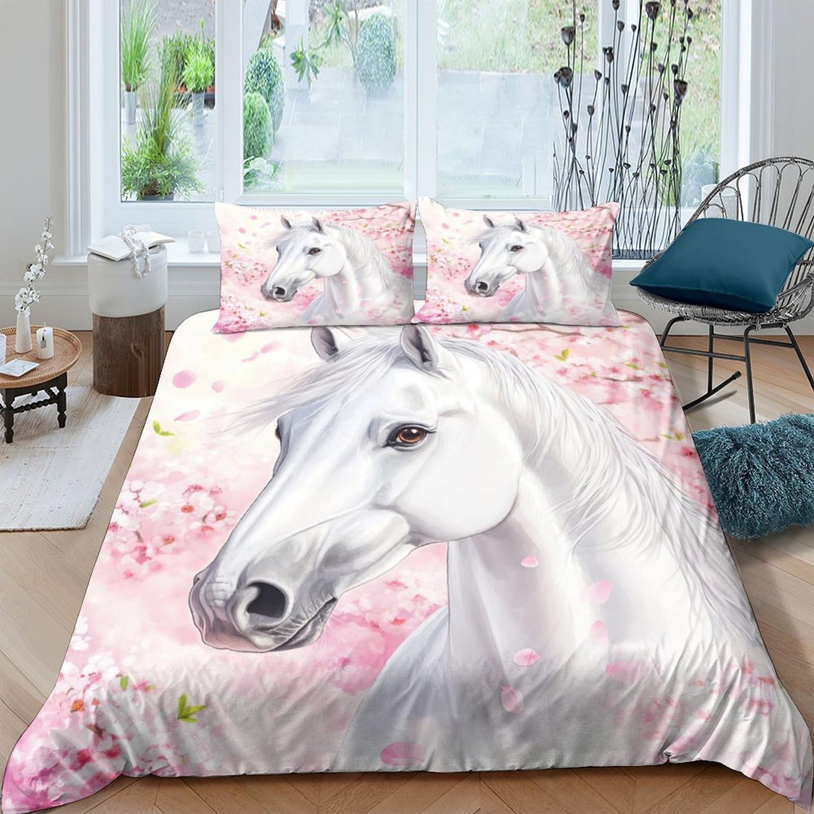 Ctjqhvkz Style-7 3D Printed White Horse Blossom Fitted Sheet Microfiber Soft Pink Floral Bed Cover For Bedroom Dorm Mattress Protection Decor Single（135X200cm）