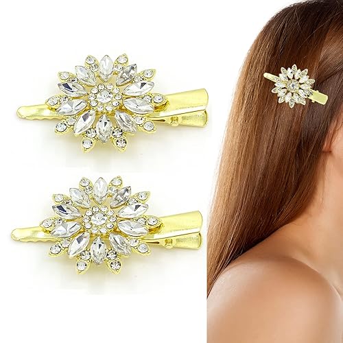 Pinza para el cabello de cocodrilo con diamantes de imitación para mujer, 2 piezas, horquillas de flores brillantes, accesorios para el cabello para