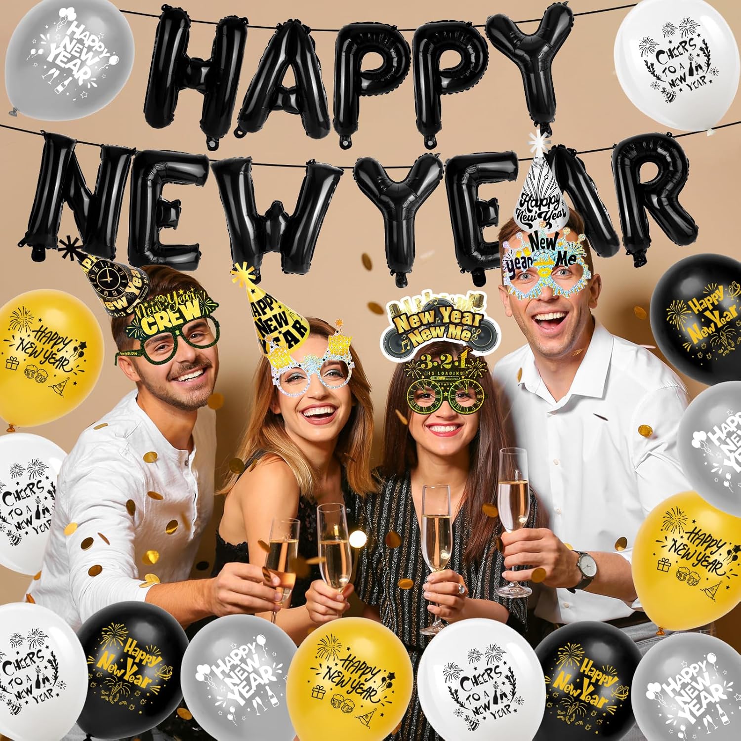 HOWAF Glitter New Years Eve Party Supplies 2026 New Years Decorations NYE, Set of 82, Black Gold New Year Hats Headband 2026 Glasses Fringe Backdrop New Year Balloons Party Blowouts