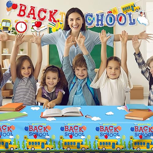 Miniatura 6 de durony Mantel de fiesta de bienvenida de regreso a clases, paquete de 2 manteles de plástico, paquete de 2 carteles de fiesta para el primer día