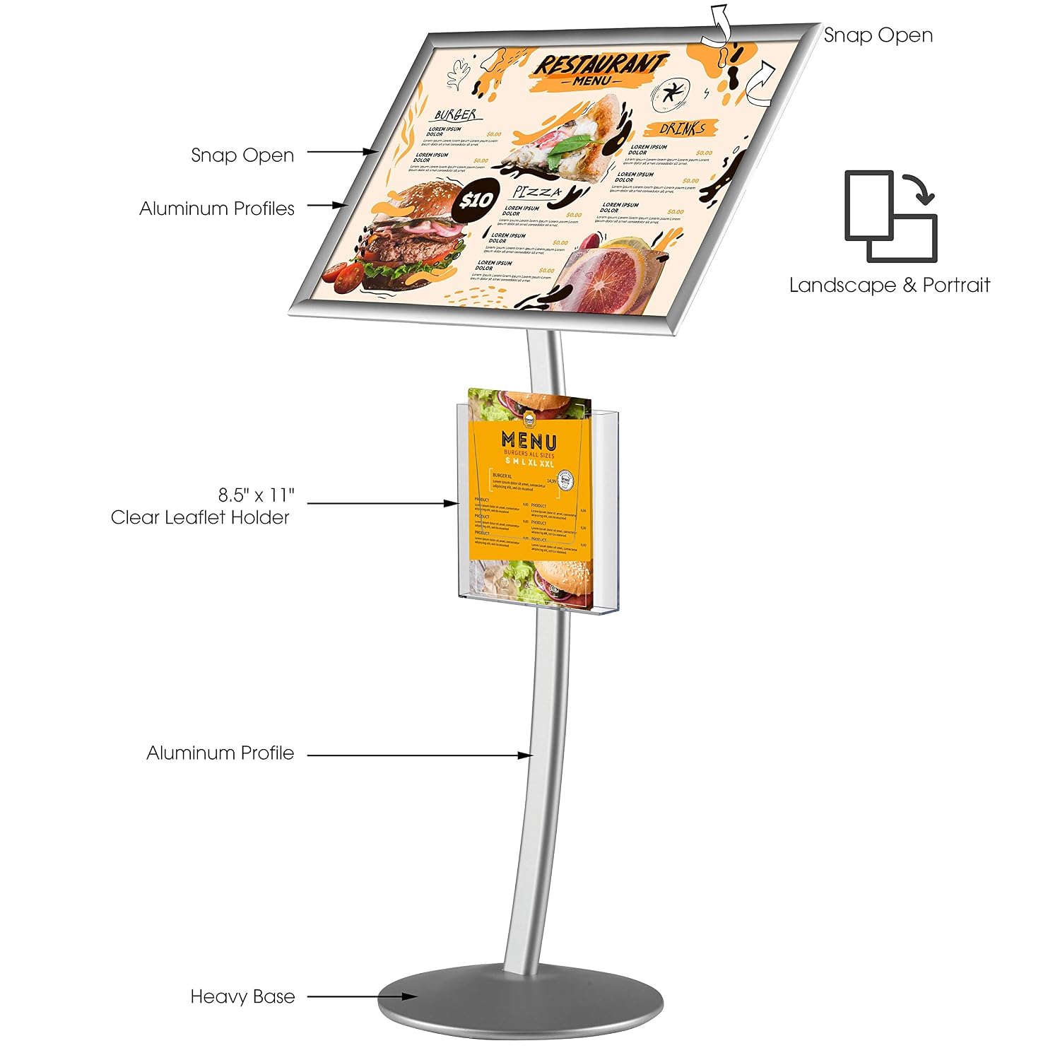 M&T Displays Curved Menu Board, 18x24 Inch Pedestal Sign Holder with 8.5x11 Inch Brochure Holder Silver Floor Standing Aluminum Front Loading Easy Open Poster Message... - Image 2