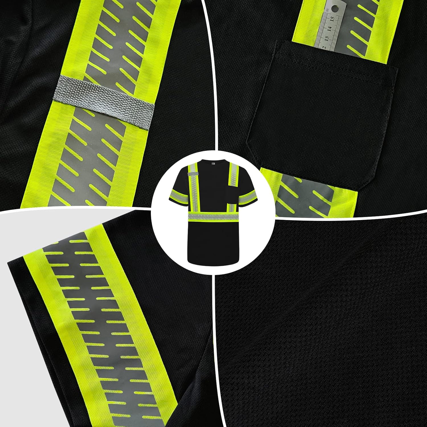 TCCFCCT Hi Vis Shirts for Men Class 3 High Visibility Shirts with Short Sleeves, Reflective Safety Shirts for Men Women, Construction Work Shirts with Green Edge, Durable & Breathable, DT-Black XL - Image 5