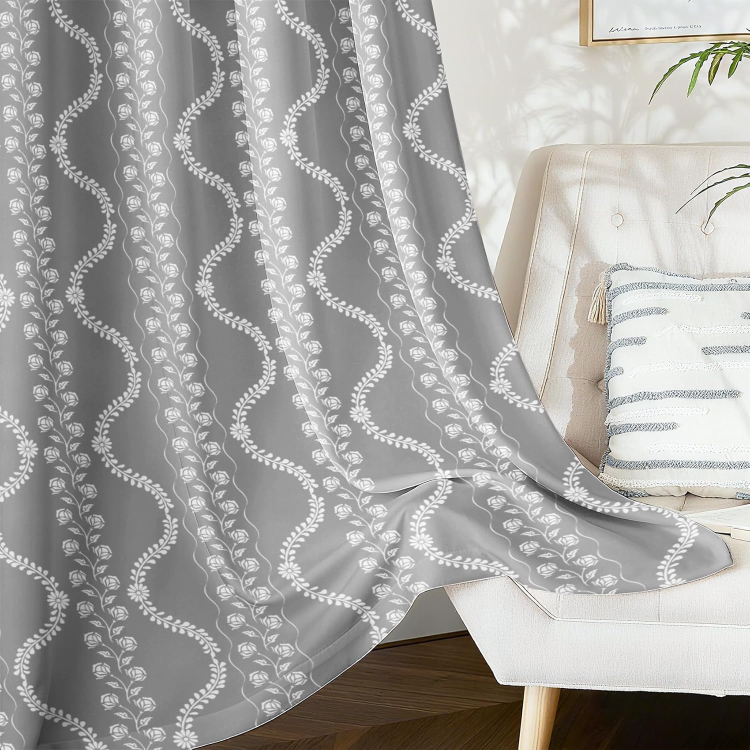 AWERT Boho Blackout Curtains 63 Inches Long 2 Panels Small Floral Wavy Lines Leaf Fresh Minimalist Home Decor Window Curtains for Living Room Bedroom Darkening Thermal Insulated Each Size 42x63 Inches