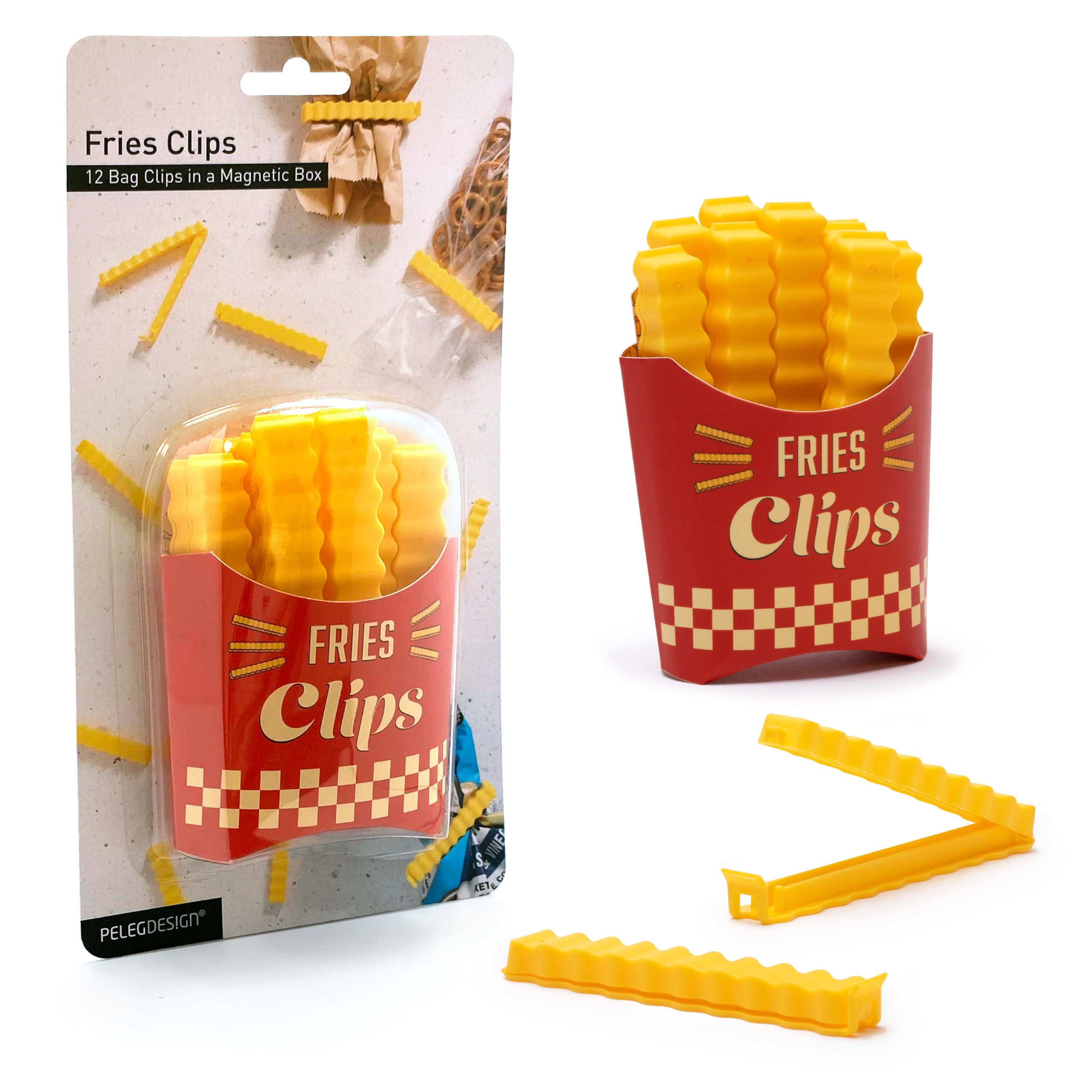 Fries Clips: 12 Clip Per Sacchetti A Forma Di Patatine Fritte – Gadget Divertenti E Pratici Da Cucina Con Scatola Magnetica – Accessori Eleganti Di Peleg Design-image