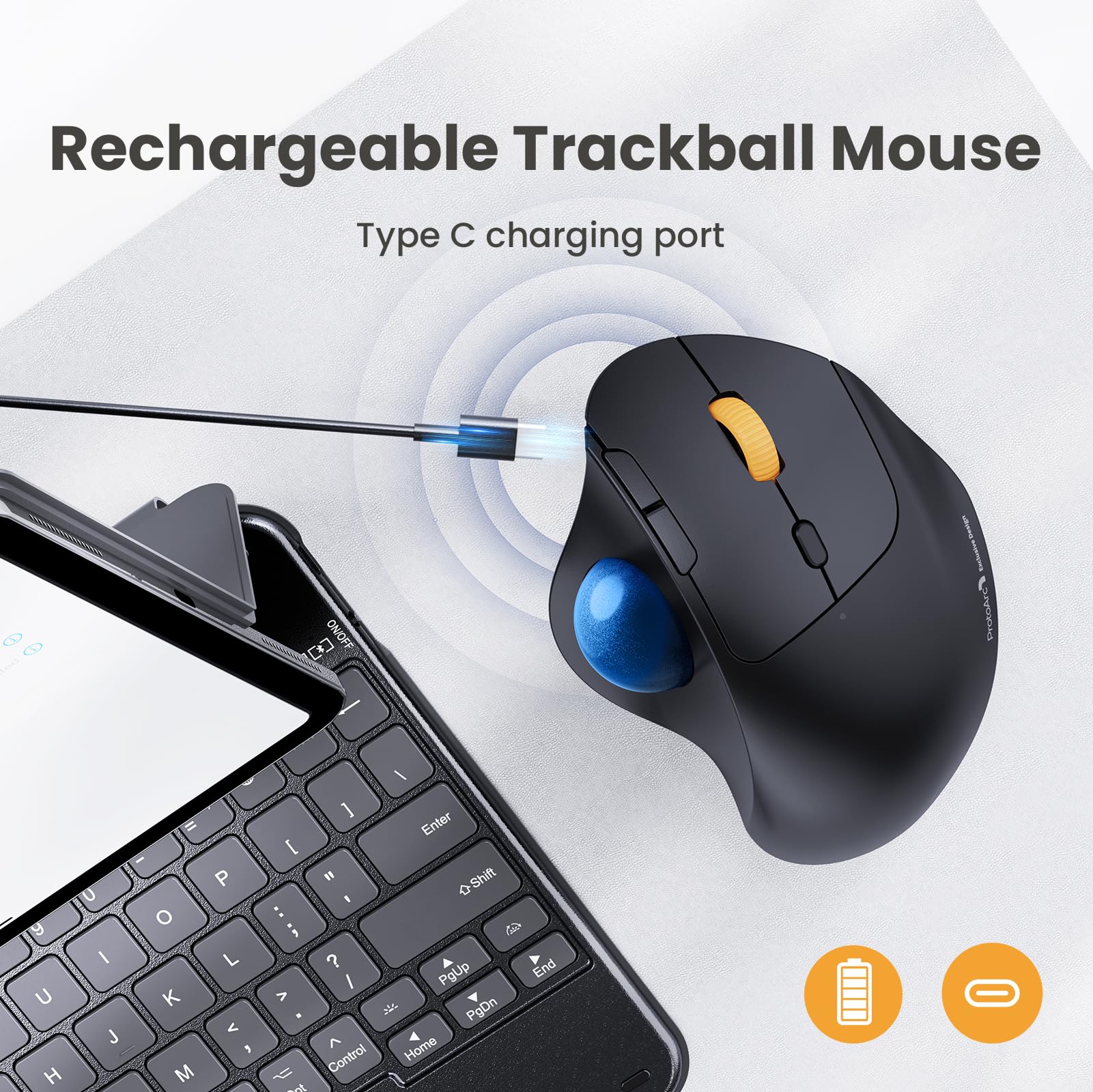 ProtoArc Mouse wireless Bluetooth Trackball wireless EM04 2.4GHz ricaricabile mouse ergonomico 5DPI regolabile controllo pollice multi-dispositivo, per PC, iPad, Mac, Windows blu