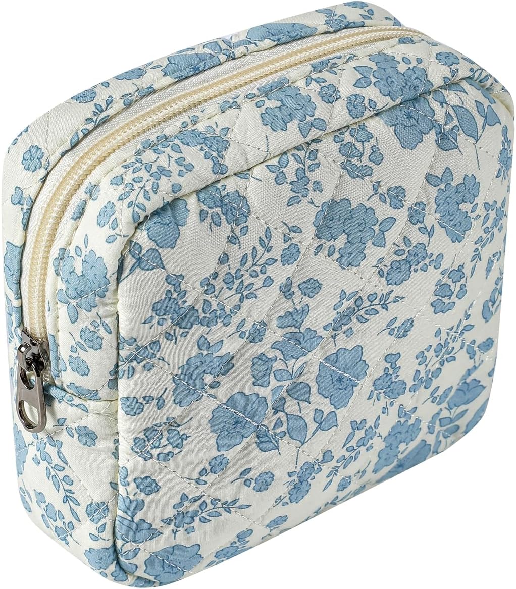 Small Quilted Cosmetic Pouch for Purse, Mini Cotton Makeup Bag with Compartments, Cute Zipper Lipstick Holder for Women (07LightBlue Flower) Small Quilted Cosmetic Pouch for Purse, Mini Cotton Makeup Bag with Compartments, Cute Zipper Lipstick Holder for Women (07LightBlue Flower)