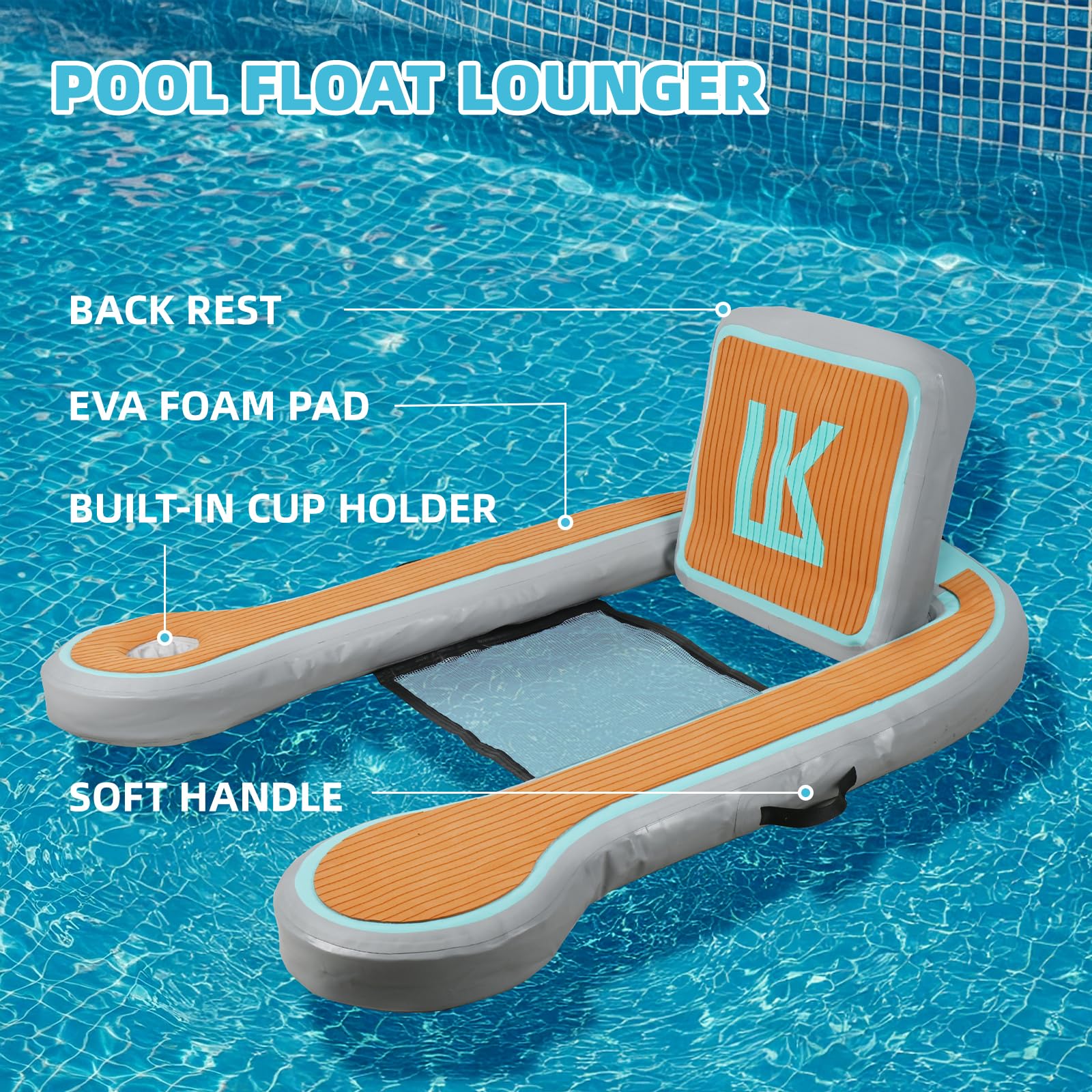 Flotador inflable de piscina de 50 x 44 pulgadas para adultos con soporte para tazas, silla flotante de 4.17 pies, flotadores de lago para adultos con respaldo de reposabrazos para piscina