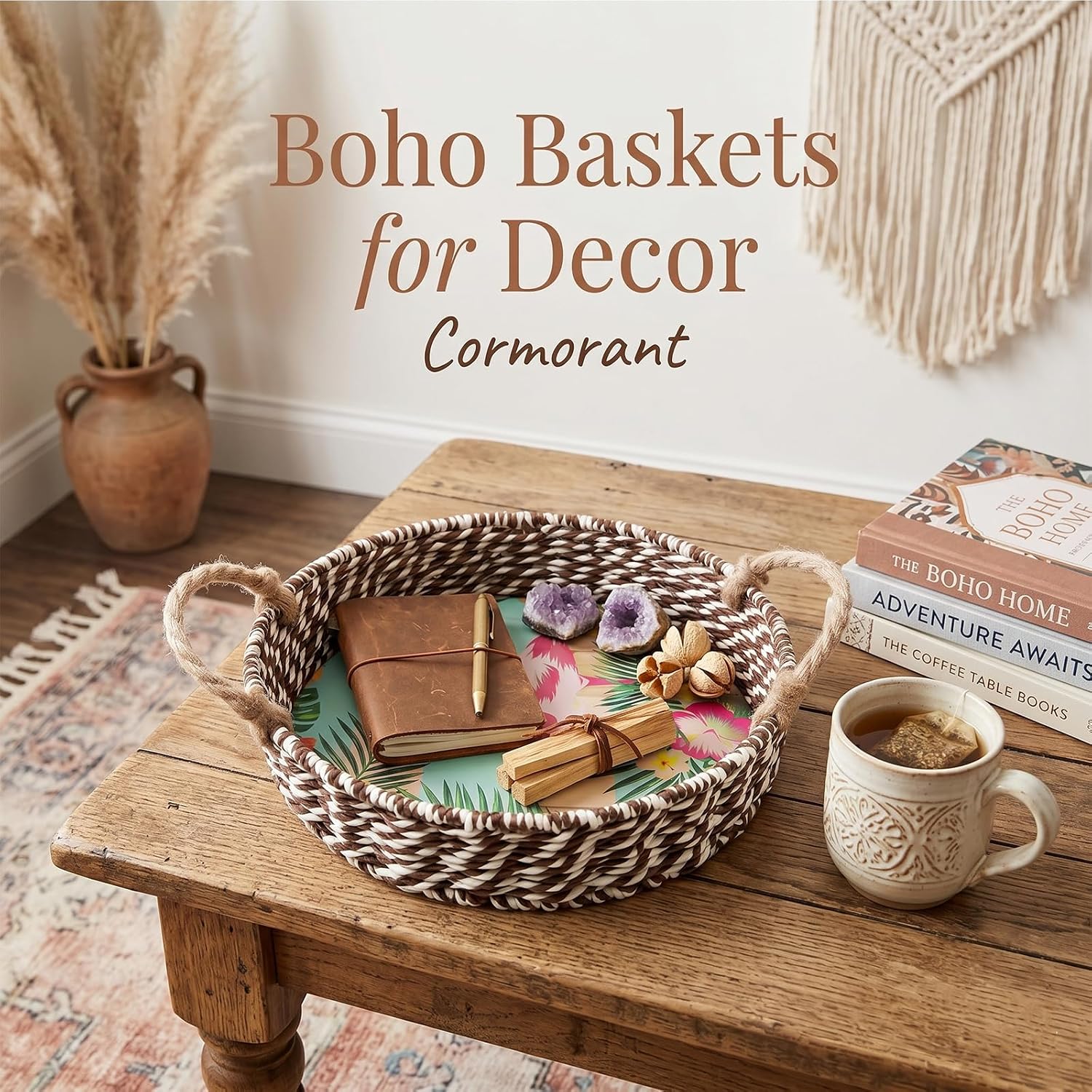 Hand-Woven Storage, Natural Paper Rope Basket,Desktop Organizer with Handle,Round Flamingos Decor Basket for Home,Living Room,Shelf,Pet,Handcrafted with Reinforced Iron Frame,8.1 * 2.4''