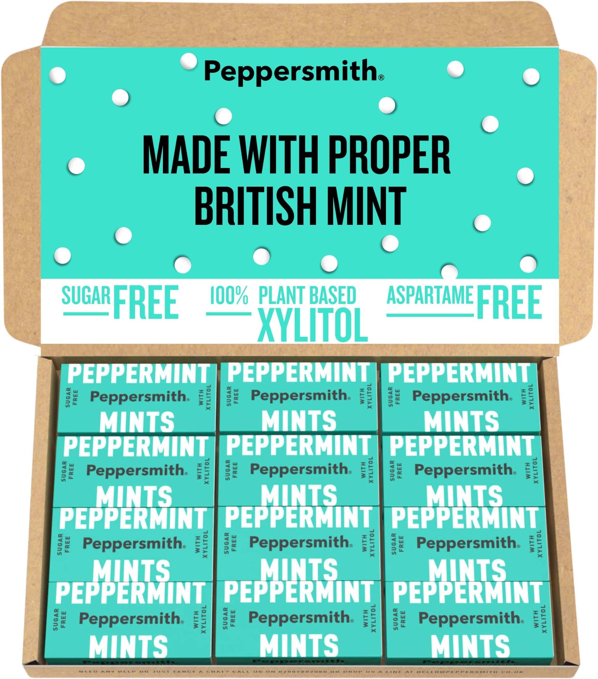 British Peppermint Mints - 100% Plant Based Xylitol - Breath Freshener - Sugar Free Mints - Benefits Oral Health - Pocket Packs - 12x15g