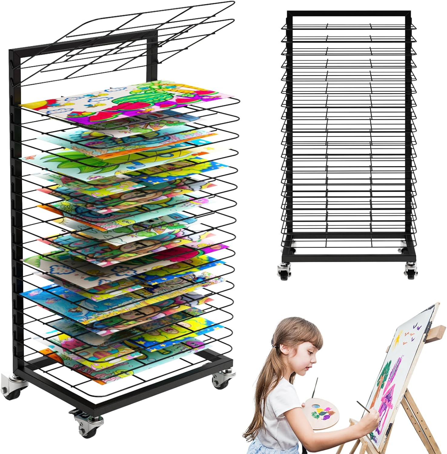 Art Drying Rack for Classroom – 18 Removable Shelves, Mobile Rolling Metal Painting Drying Rack with Locking Casters, Paint Rack for Art Studio, School & Home