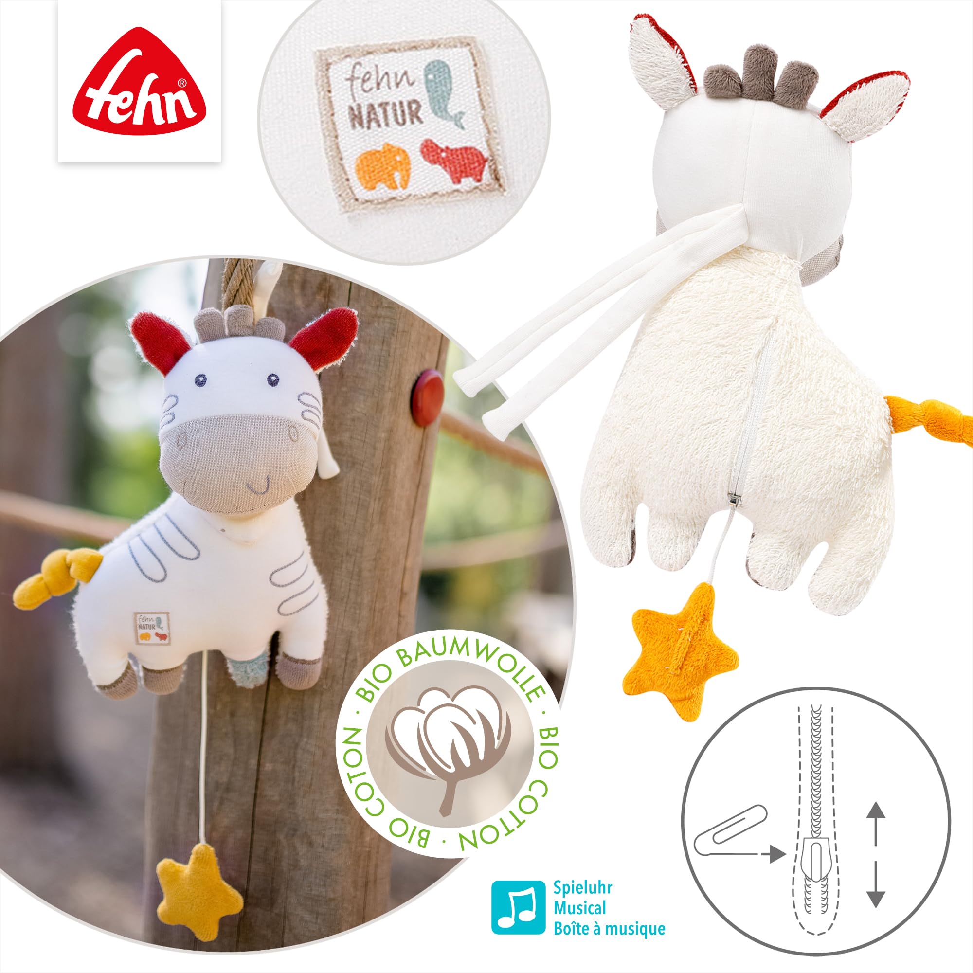 Fehn NATUR pozytywka dla niemowląt pomoc w zasypianiu Zebra - przytulanka z bawełny organicznej - pomoc w zasypianiu melodia "Bruder Jakob" - zabawka dla niemowląt w podróży i w domu - zabawka