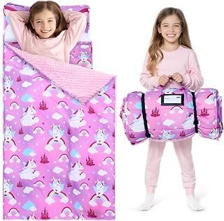 JOIEDOMI Toddler Sleeping Bag for Kids 55''x30'' Nap Mat with Removable Pillow and Minky Blanket for Toddler Ages 3-7 Roll Up Soft Kids Sleeping Bag for Boys Girls Kindergarten Daycare Sleepover