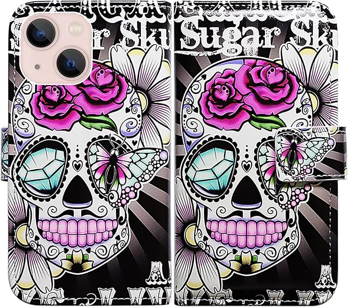 Bcov Case for iPhone 14, Purple Flower Sugar Skull Leather Flip Phone Case Wallet Cover with Card Slot Holder Kickstand for iPhone 14