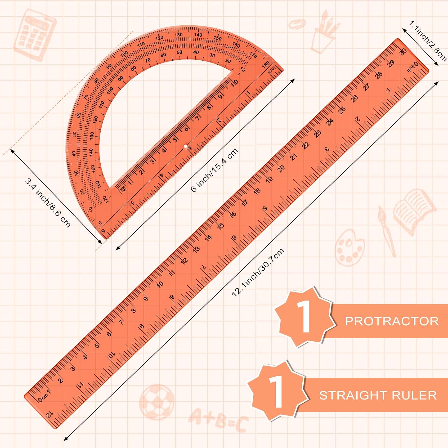 Zonon 2 Pcs 12 Inch Clear Ruler and 6 Inch Plastic Protractor Set, Orange image 2